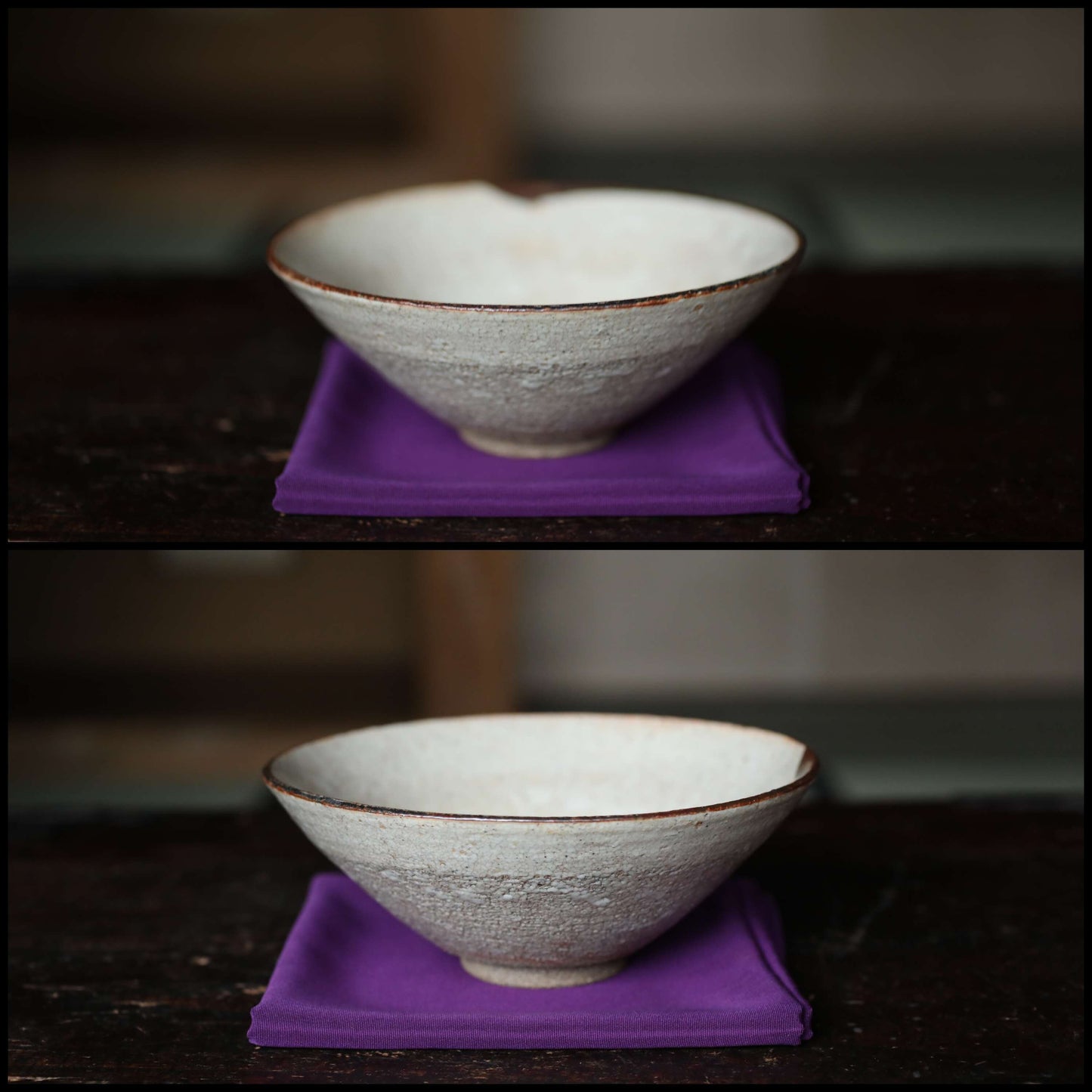 Japanese vintage Seto Karatsu ware Hira chawan "KAWA KUJURA whale skin" tea bowl for tea ceremony White glaze H2.4×W6.1in/H6×15.6cm.