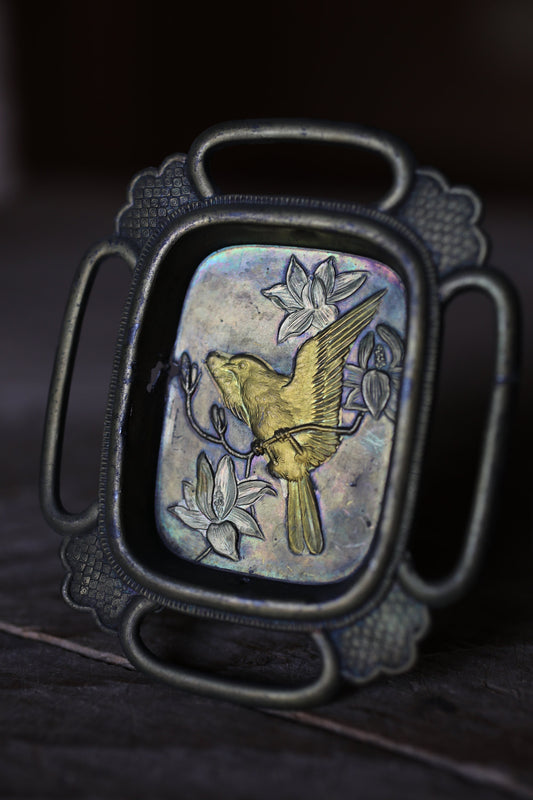 Set of 4 Japanese vintage metal furniture FUSUMA sliding door handles bird and flower openwork HIKITE 1930s H3.6in/H9.2cm