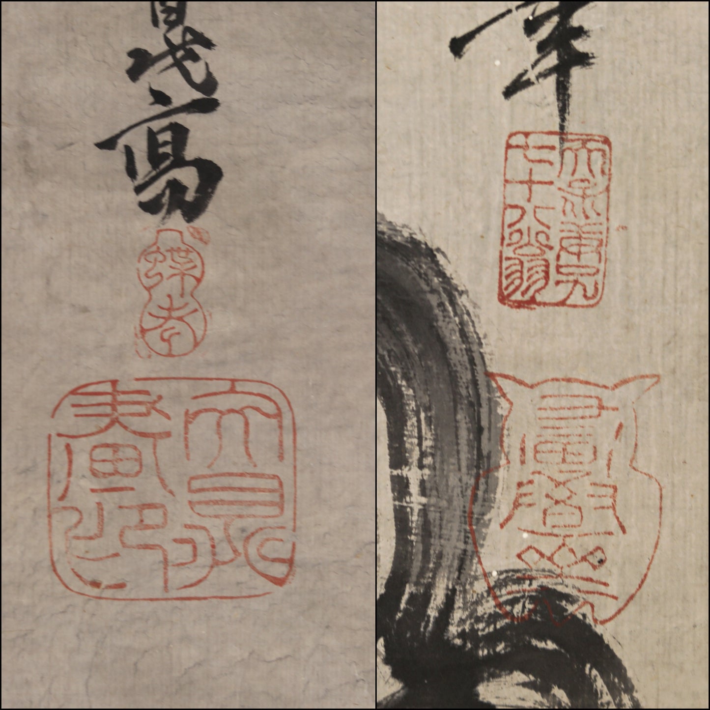 Pair of Japanese antique ink painting scroll Zen Monks 谷文晁, ink and wash hanging scroll Kakejiku with BOX 1900s Kanji sign H74.8in/H190cm