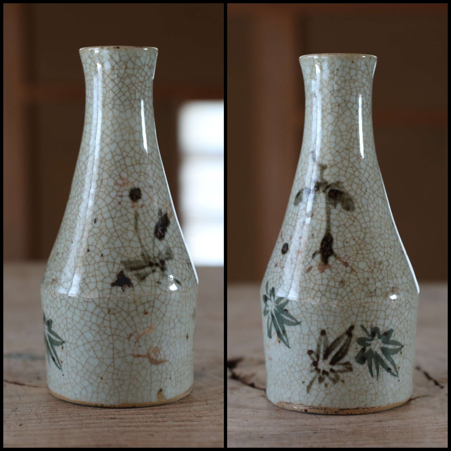 Japanese old ceramic small flower vase hand made INUYAMA ware with autumn leaves, single flower vase H6.7×2.8in/H16×7cm