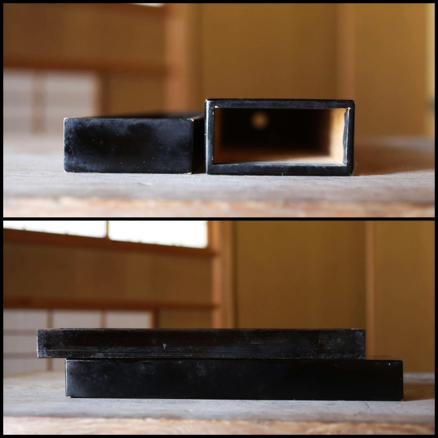 Japanese Antique 1800s Black Lacquered Box elongated shape Wood craft for GEISYA hairpin black with SAMURAI crest H16.5×W3.9in/H42×10cm