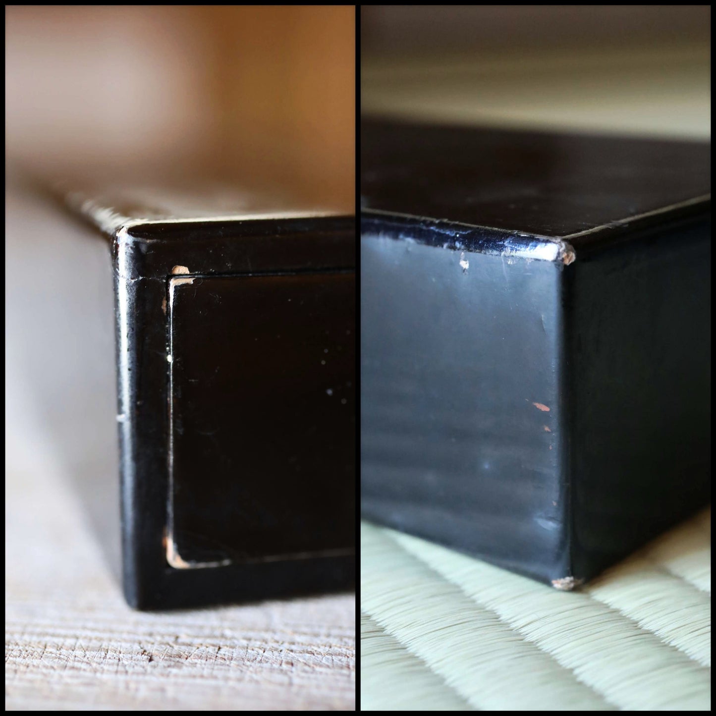 Japanese Antique 1800s Black Lacquered Box elongated shape Wood craft for GEISYA hairpin black with SAMURAI crest H16.5×W3.9in/H42×10cm