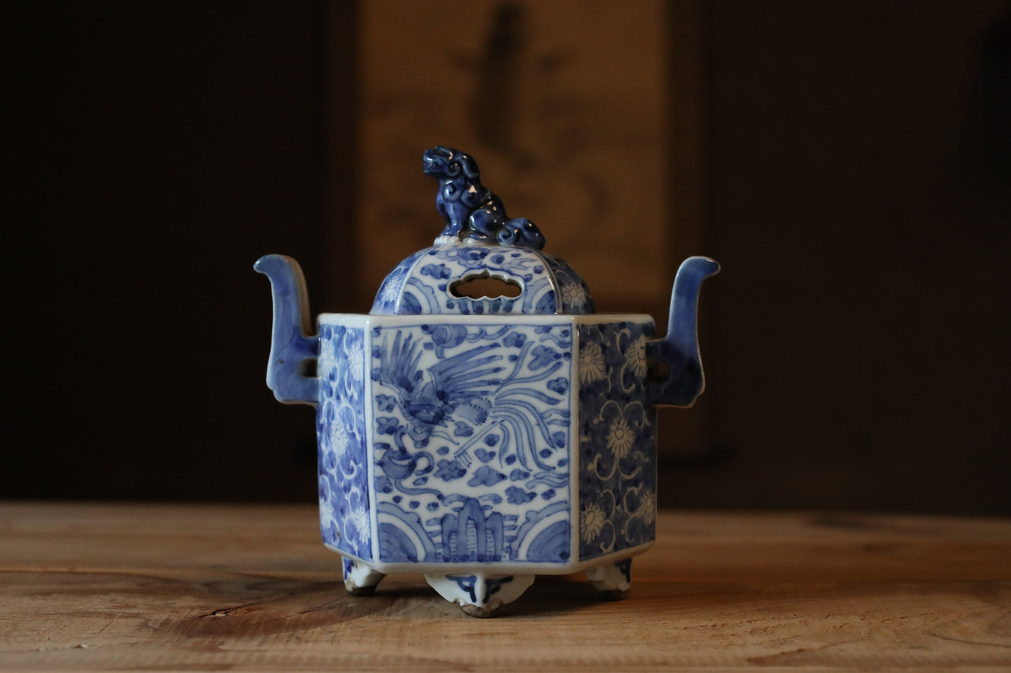 Japanese antique 1900s Koimari indigo SHISHI Lion porcelain hexagonal incense burner with painting of dragon and phoenix H5.1×W5.1in/13×13cm