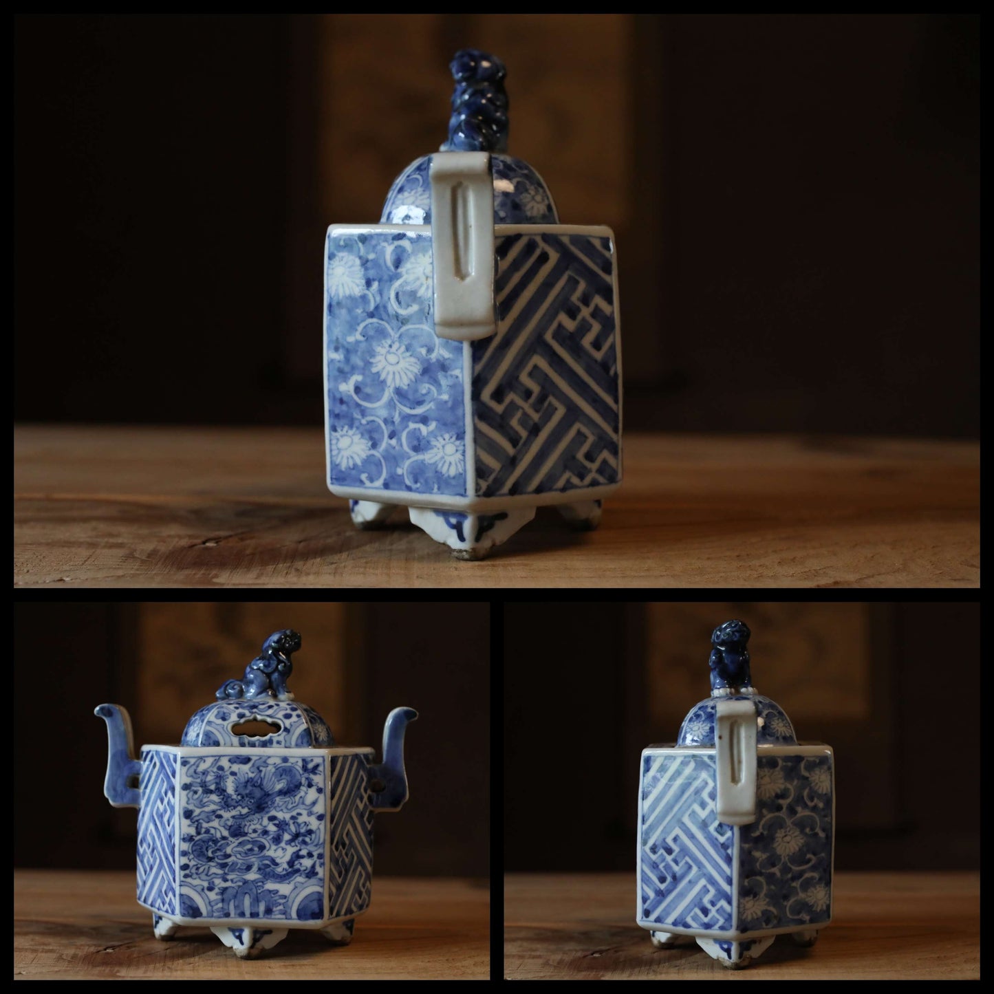 Japanese antique 1900s Koimari indigo SHISHI Lion porcelain hexagonal incense burner with painting of dragon and phoenix H5.1×W5.1in/13×13cm