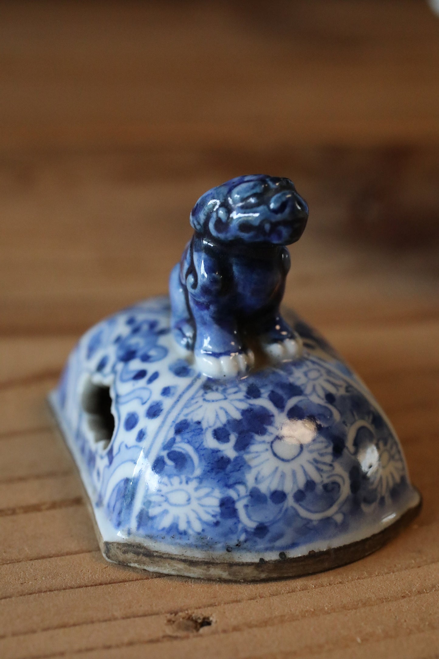 Japanese antique 1900s Koimari indigo SHISHI Lion porcelain hexagonal incense burner with painting of dragon and phoenix H5.1×W5.1in/13×13cm