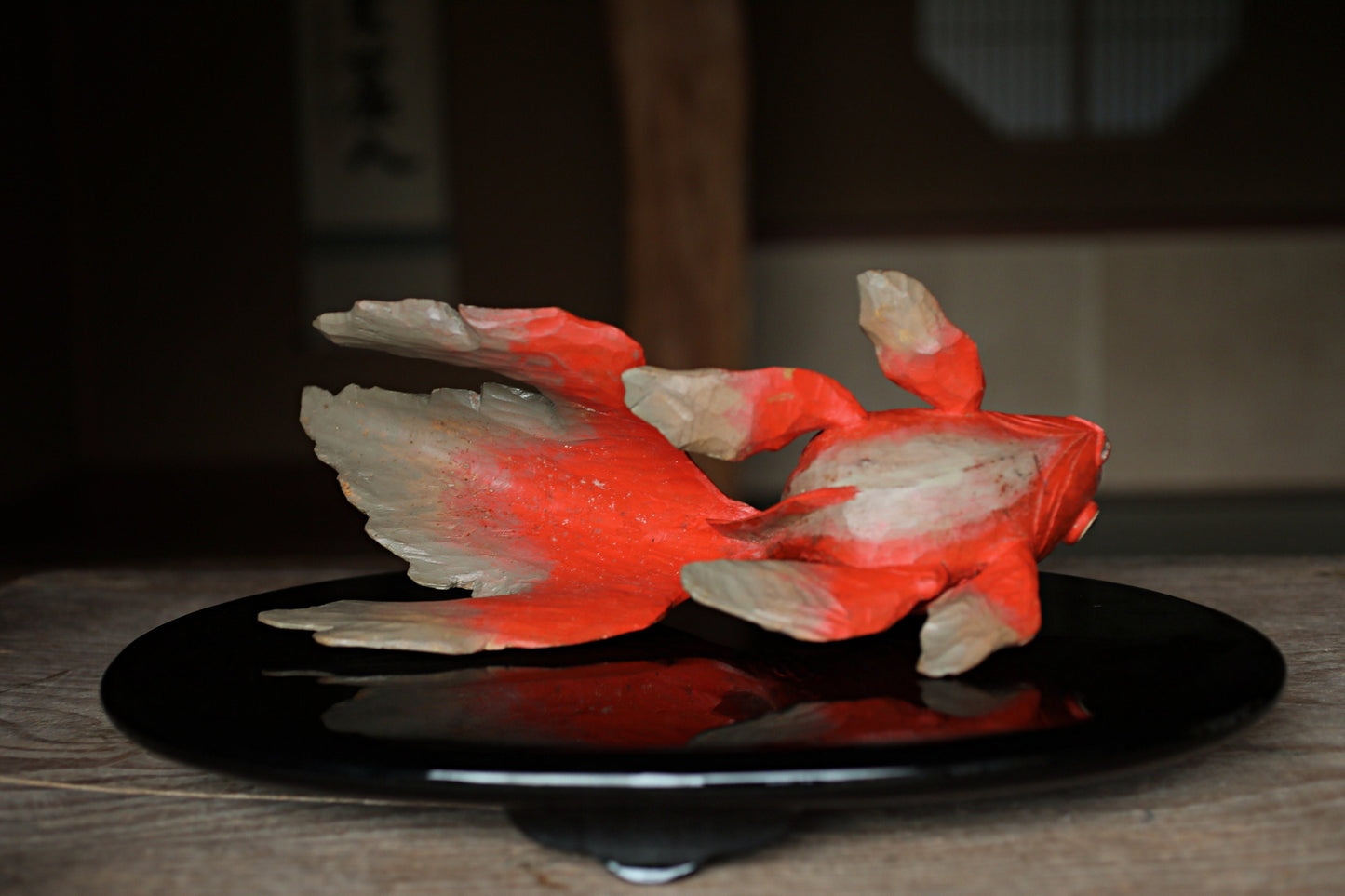 Japanese wooden goldfish sculpture, hand carving sculpture ,hand carved craft fish doll 1980s H5.5×13.8in/H14×35cm