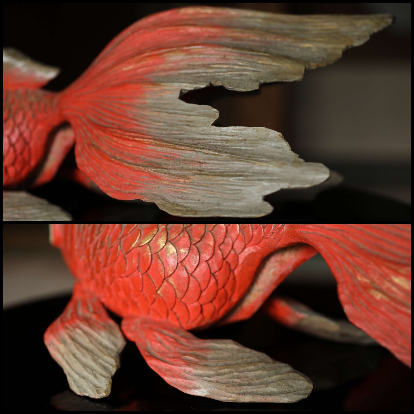 Japanese wooden goldfish sculpture, hand carving sculpture ,hand carved craft fish doll 1980s H5.5×13.8in/H14×35cm