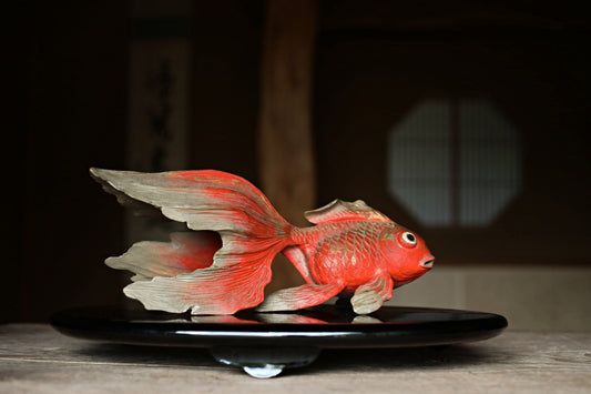 Japanese wooden goldfish sculpture, hand carving sculpture ,hand carved craft fish doll 1980s H5.5×13.8in/H14×35cm