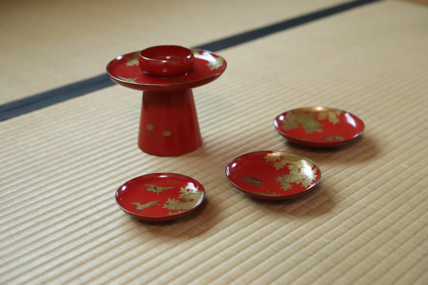 Japanese Antique sakazuki urushi sake set of 3 red gold lacquer MAKIE wooden sake cups with bards crane and pine trees 1800s