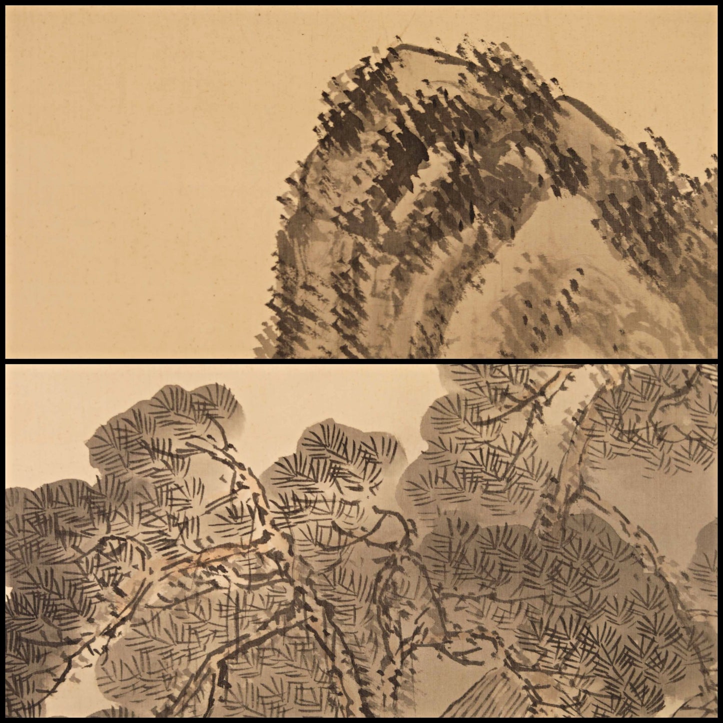 Japanese vintage black ink painting scroll fine Mountains landscapes parent and child, hanging scroll Kakejiku H81.1in/H206cm