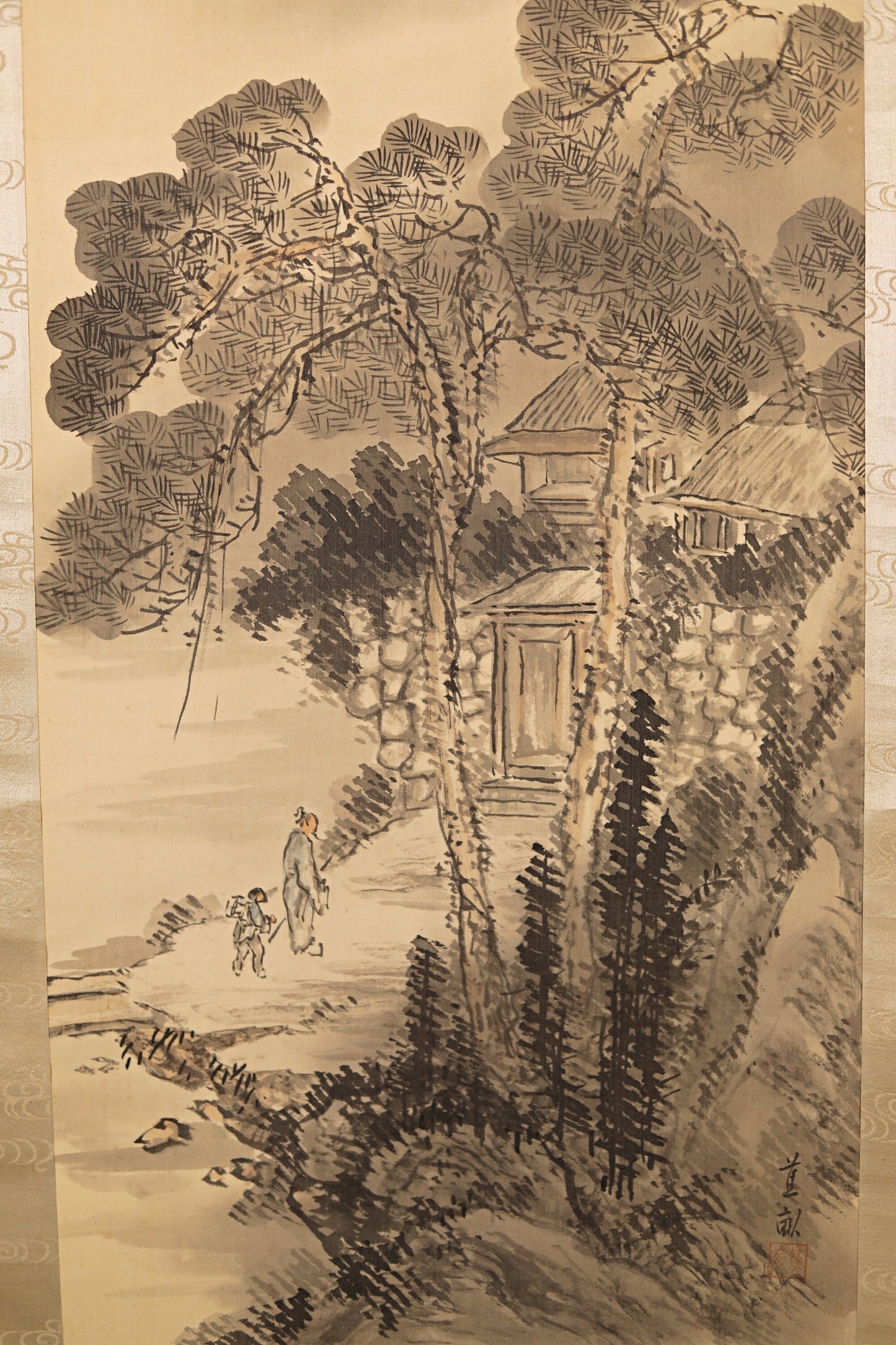 Japanese vintage black ink painting scroll fine Mountains landscapes parent and child, hanging scroll Kakejiku H81.1in/H206cm