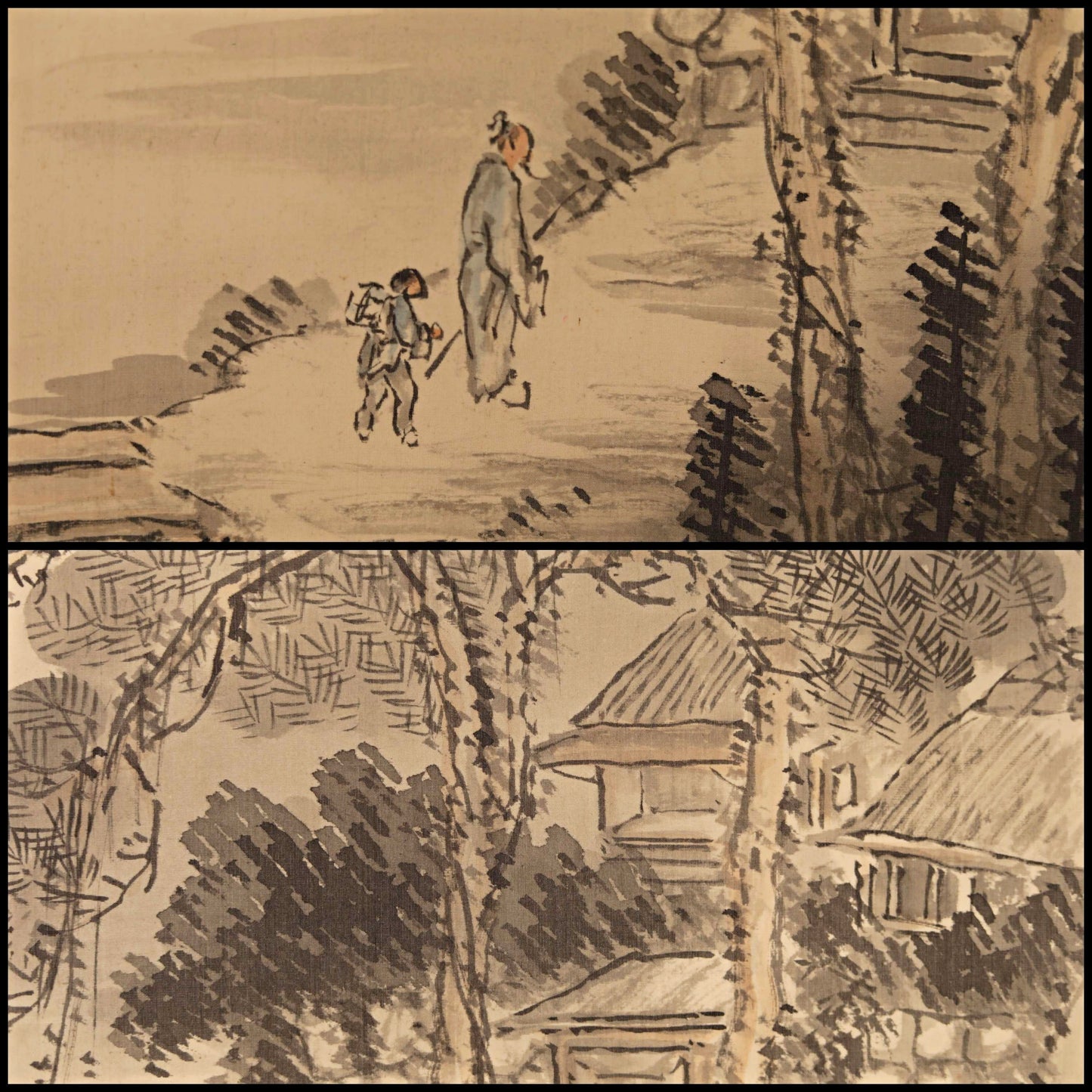 Japanese vintage black ink painting scroll fine Mountains landscapes parent and child, hanging scroll Kakejiku H81.1in/H206cm