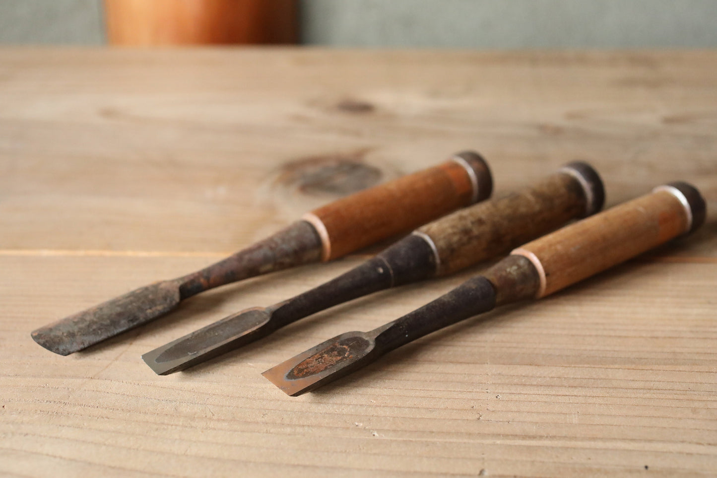 Set of 3 Japanese vintage carpenter's chisels 鑿 "Nomi", used Japanese craftsman's carving tool in 1900s 8.7×1in/22x2.5cm