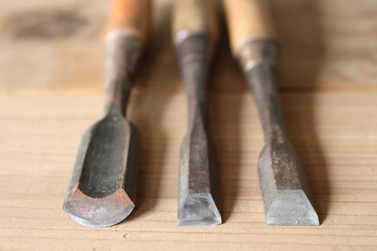 Set of 3 Japanese vintage carpenter's chisels 鑿 "Nomi", used Japanese craftsman's carving tool in 1900s 8.7×1in/22x2.5cm