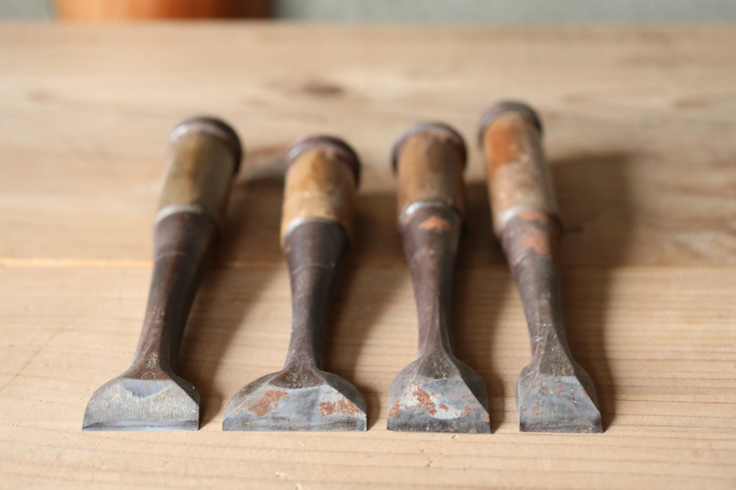 Set of worn out 4 Japanese vintage carpenter's chisels 鑿 "Nomi", used Japanese craftsman's carving tool in 1900s 6.1×1.2in/15.5x3cm