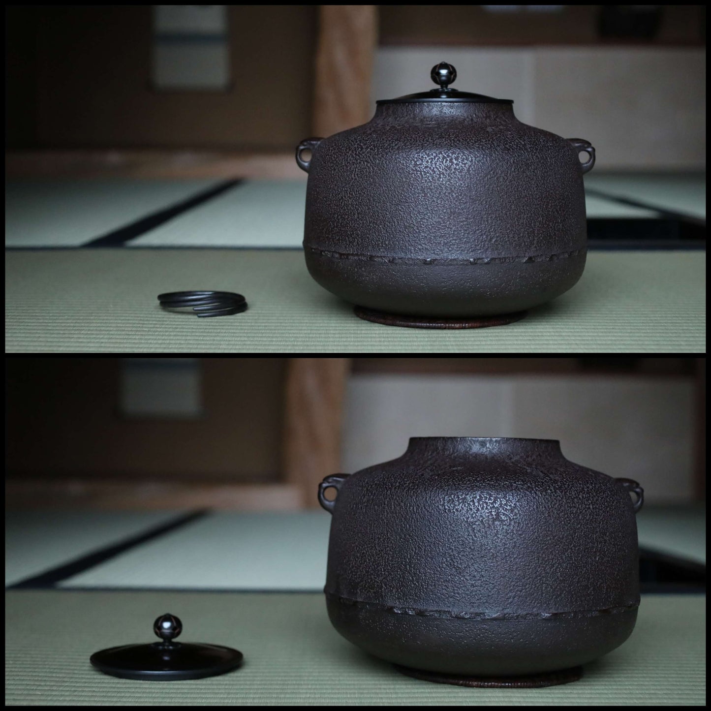 FINE! Japanese vintage cast iron kettle For Tea ceremony with a copper lid, "Amida-gama" Famous Kettle Master Box 1960s W10.2in/W26cm