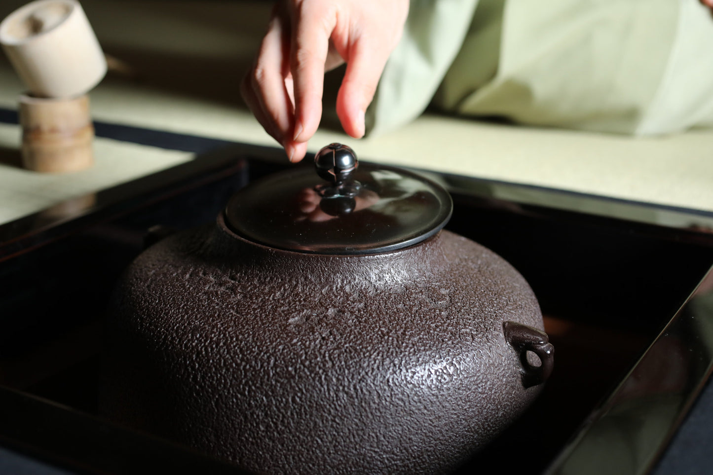 FINE! Japanese vintage cast iron kettle For Tea ceremony with a copper lid, "Amida-gama" Famous Kettle Master Box 1960s W10.2in/W26cm