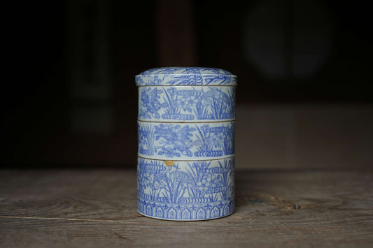 Japanese Antique 1900s Imari Porcelain Kintsugi Jūbako Blue flower birds pattern decoration Stacking ceramic Bento Box H7.1×5.1in/H18×13cm