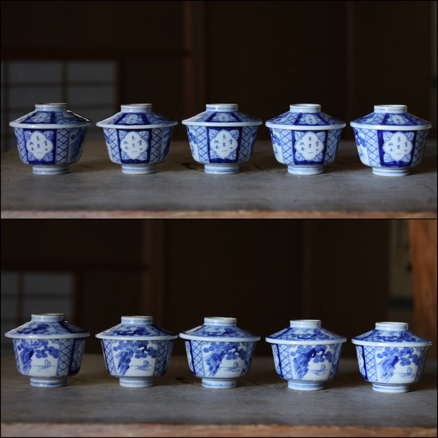 Japanese antique 1925s IMARI set of 5 bowls with lids porcelain kiln ceramic craft t Indigo Blue White OWAN INABAN Sometsuke H3.7in/H4.3cm