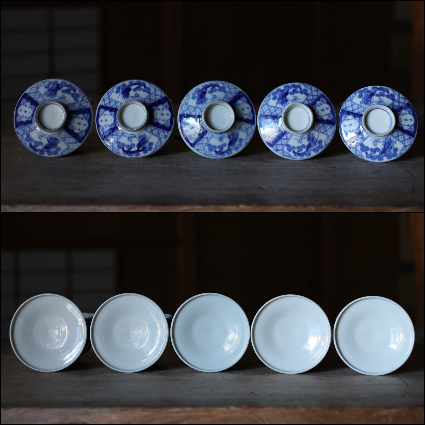 Japanese antique 1925s IMARI set of 5 bowls with lids porcelain kiln ceramic craft t Indigo Blue White OWAN INABAN Sometsuke H3.7in/H4.3cm