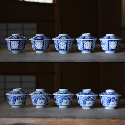 Japanese antique 1925s IMARI set of 5 bowls with lids porcelain kiln ceramic craft t Indigo Blue White OWAN INABAN Sometsuke H3.7in/H4.3cm