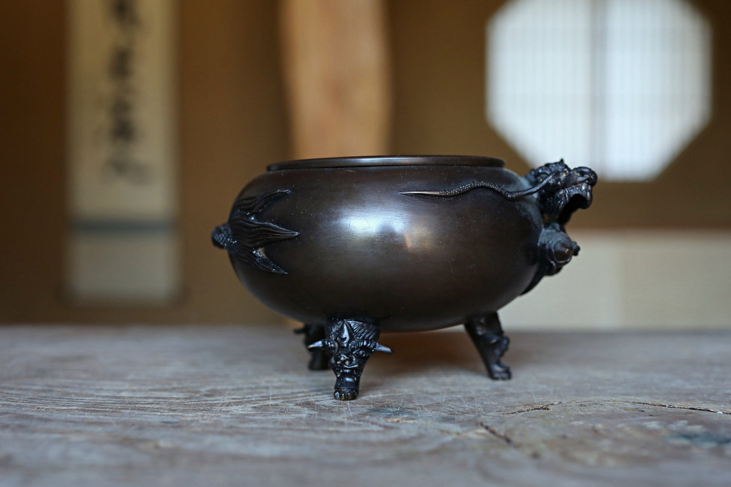 FINE! Japanese antique Dragon Bronze Censer Incense burner cool with Dragon Surrounding Design metal craft Buddhist alter 1900s W5.1in/W13cm