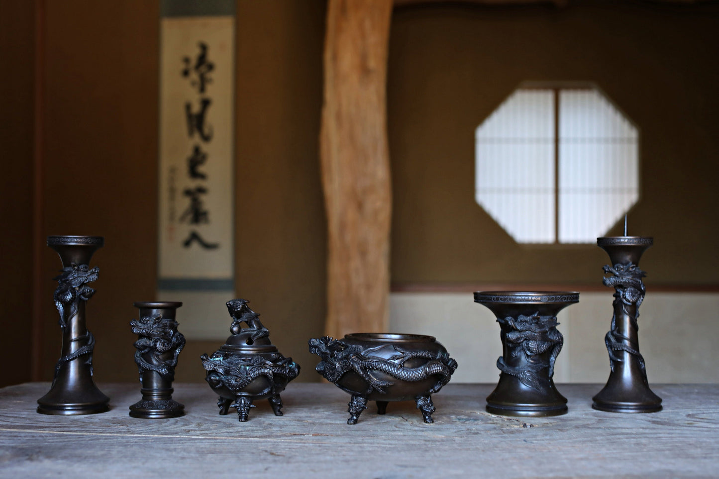 FINE! Japanese antique Dragon Bronze Censer Incense burner cool with Dragon Surrounding Design metal craft Buddhist alter 1900s W5.1in/W13cm