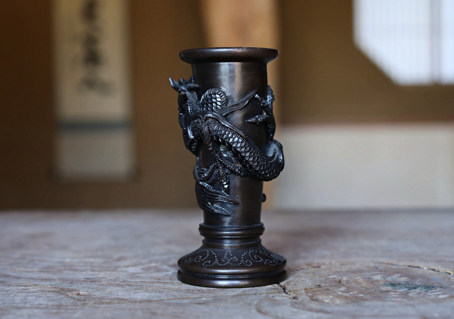 FINE! Japanese antique Dragon Bronze stick incense stand with Dragon Surrounding Design /brush stand /Buddhist alter 1900s W4.1in/W10cm