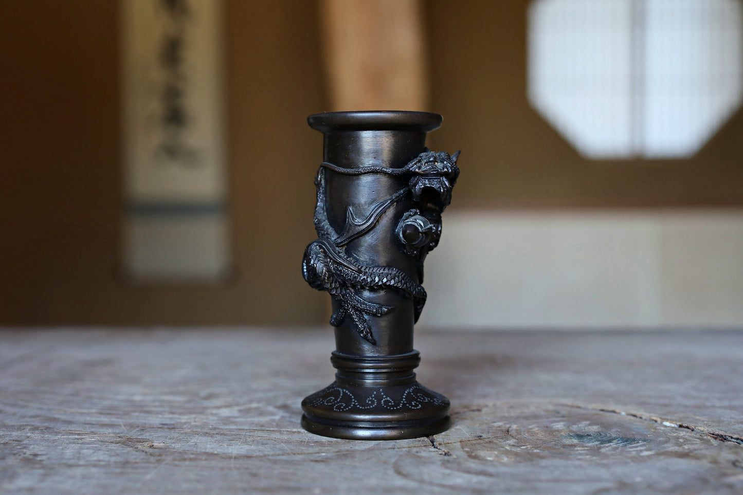 FINE! Japanese antique Dragon Bronze stick incense stand with Dragon Surrounding Design /brush stand /Buddhist alter 1900s W4.1in/W10cm