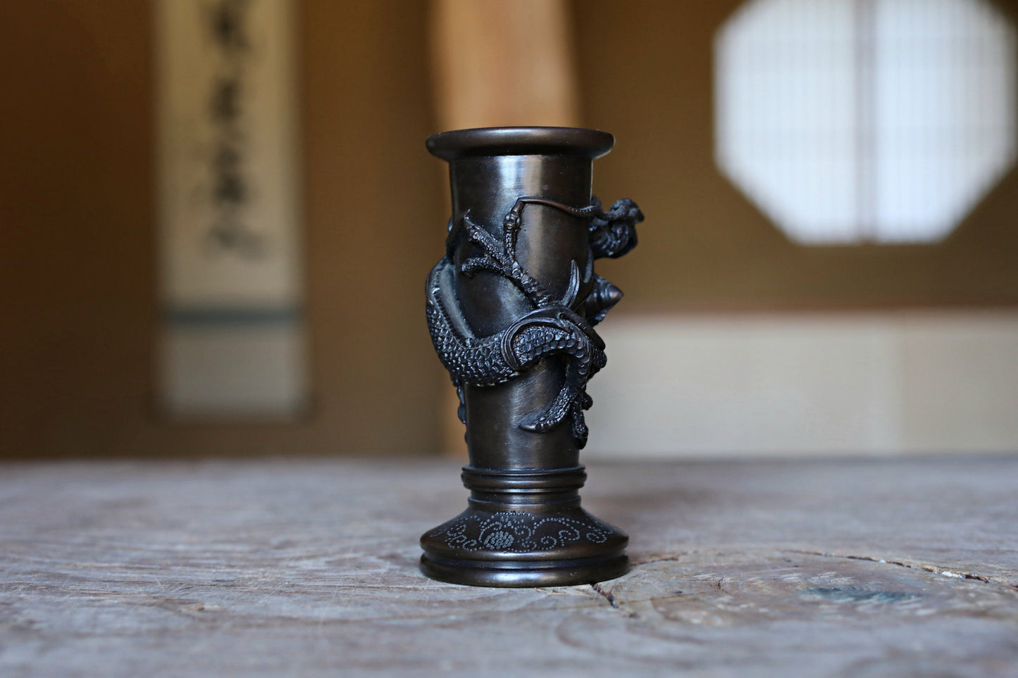 FINE! Japanese antique Dragon Bronze stick incense stand with Dragon Surrounding Design /brush stand /Buddhist alter 1900s W4.1in/W10cm