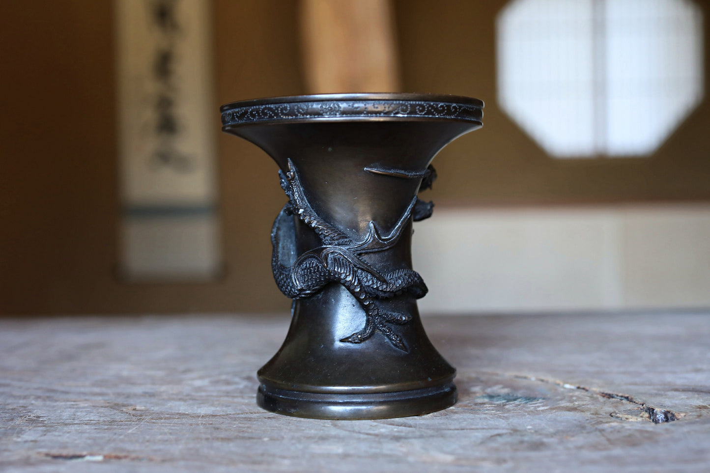 FINE! Japanese antique Dragon Bronze flower vase with Dragon Surrounding Design with sign /brush stand /Buddhist alter 1900s W4.5in/W3.9cm