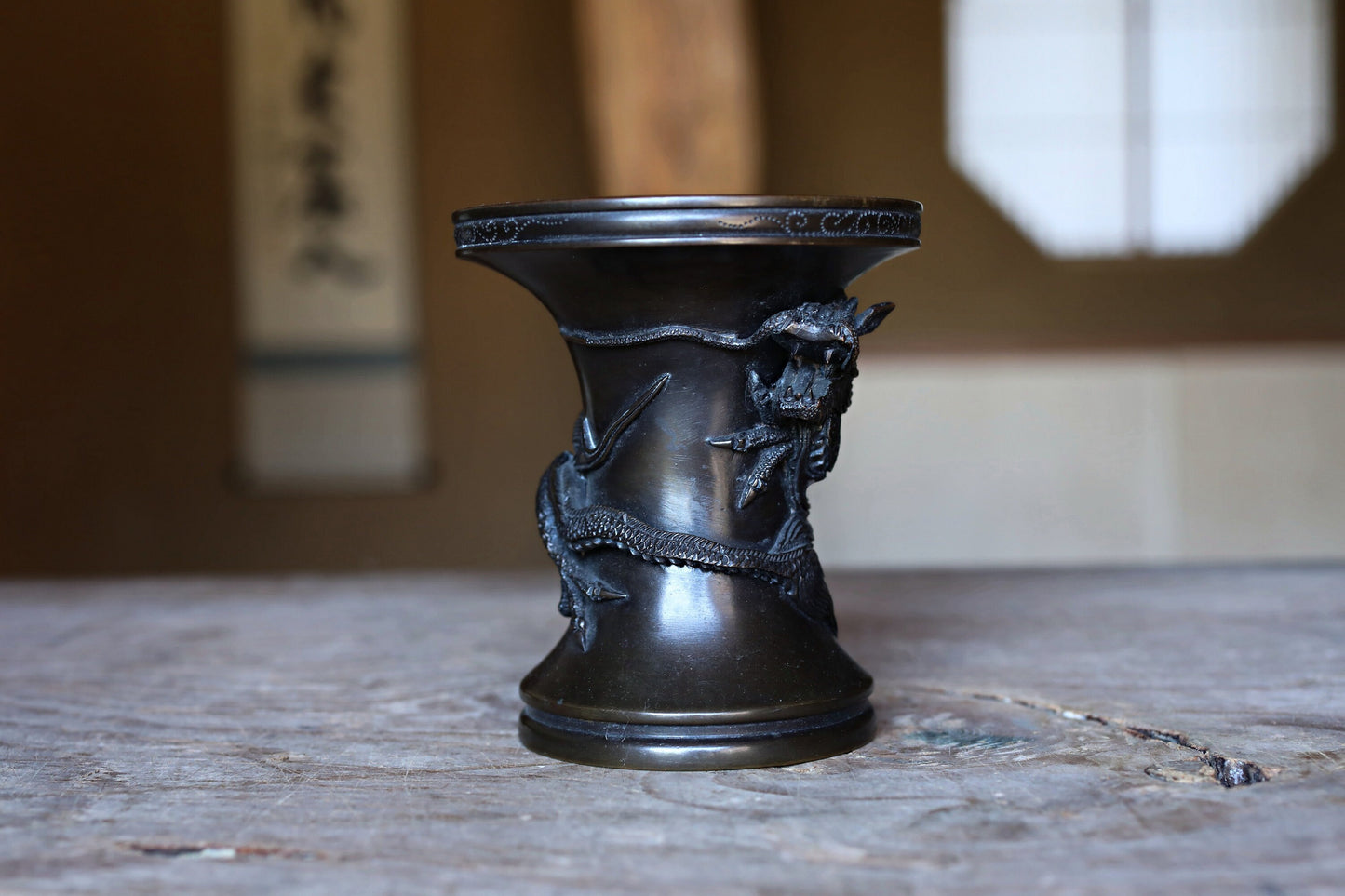 FINE! Japanese antique Dragon Bronze flower vase with Dragon Surrounding Design with sign /brush stand /Buddhist alter 1900s W4.5in/W3.9cm