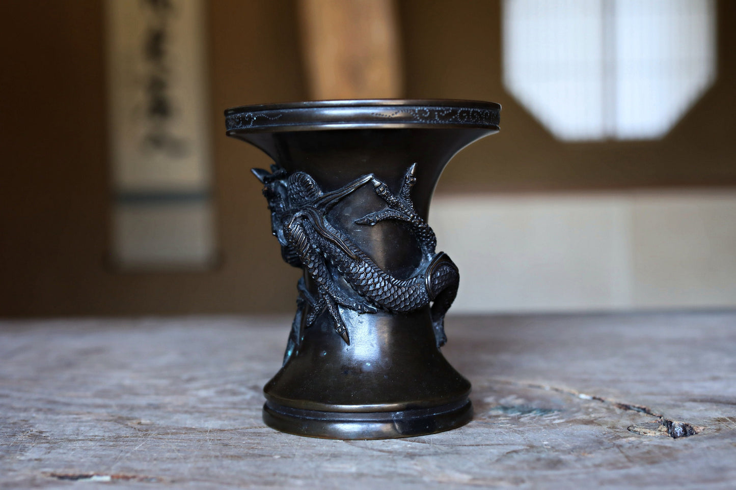 FINE! Japanese antique Dragon Bronze flower vase with Dragon Surrounding Design with sign /brush stand /Buddhist alter 1900s W4.5in/W3.9cm