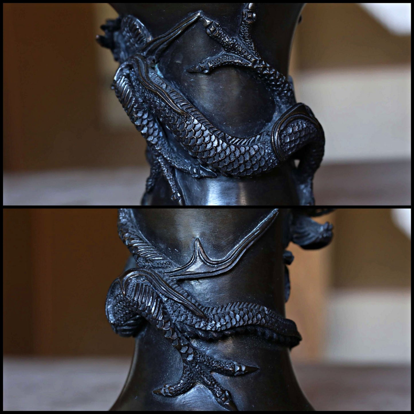 FINE! Japanese antique Dragon Bronze flower vase with Dragon Surrounding Design with sign /brush stand /Buddhist alter 1900s W4.5in/W3.9cm
