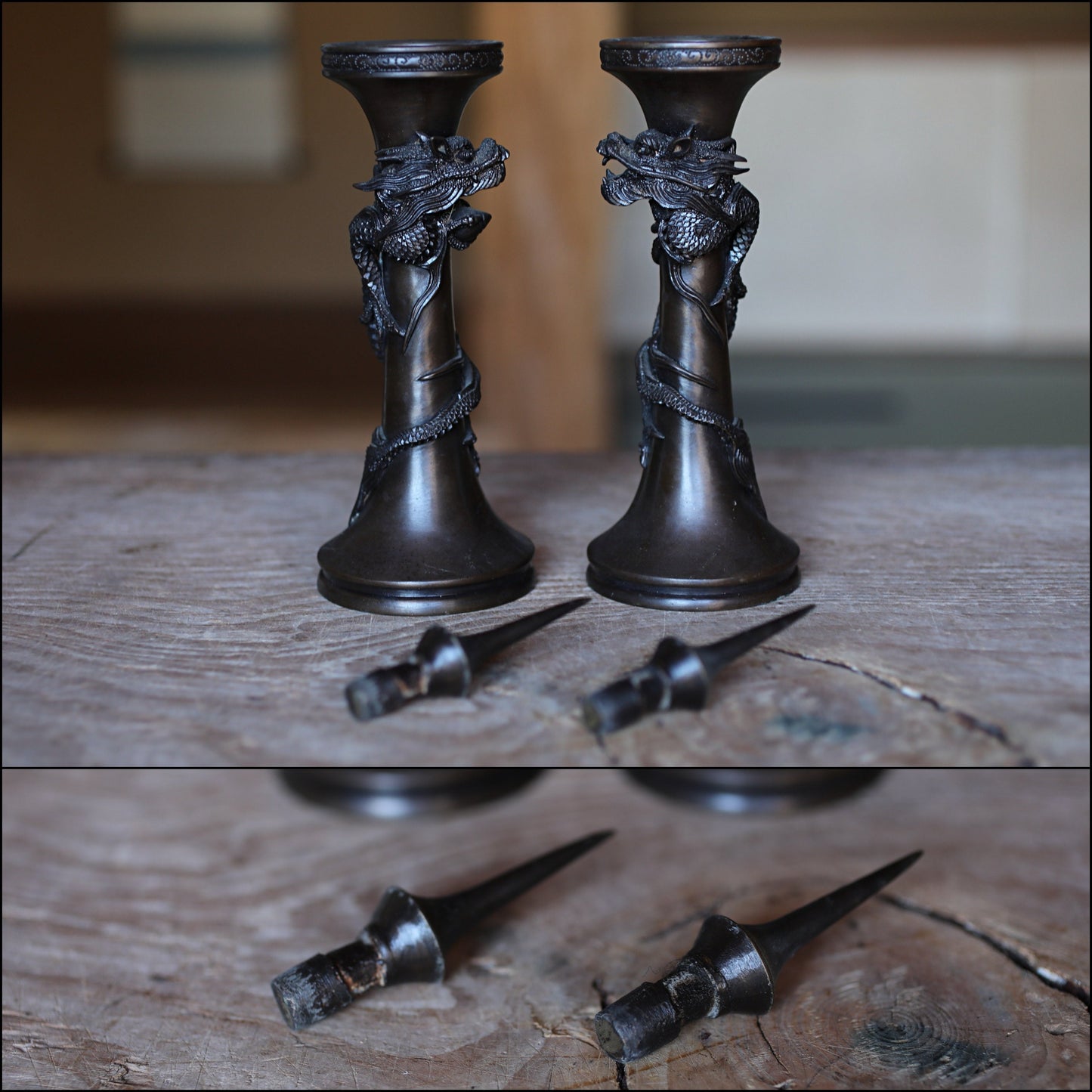 FINE! Pair of Japanese antique Dragon Bronze candlestick candle stand with Dragon Surrounding Design Buddhist alter 1900s H7.71in/H19.5cm