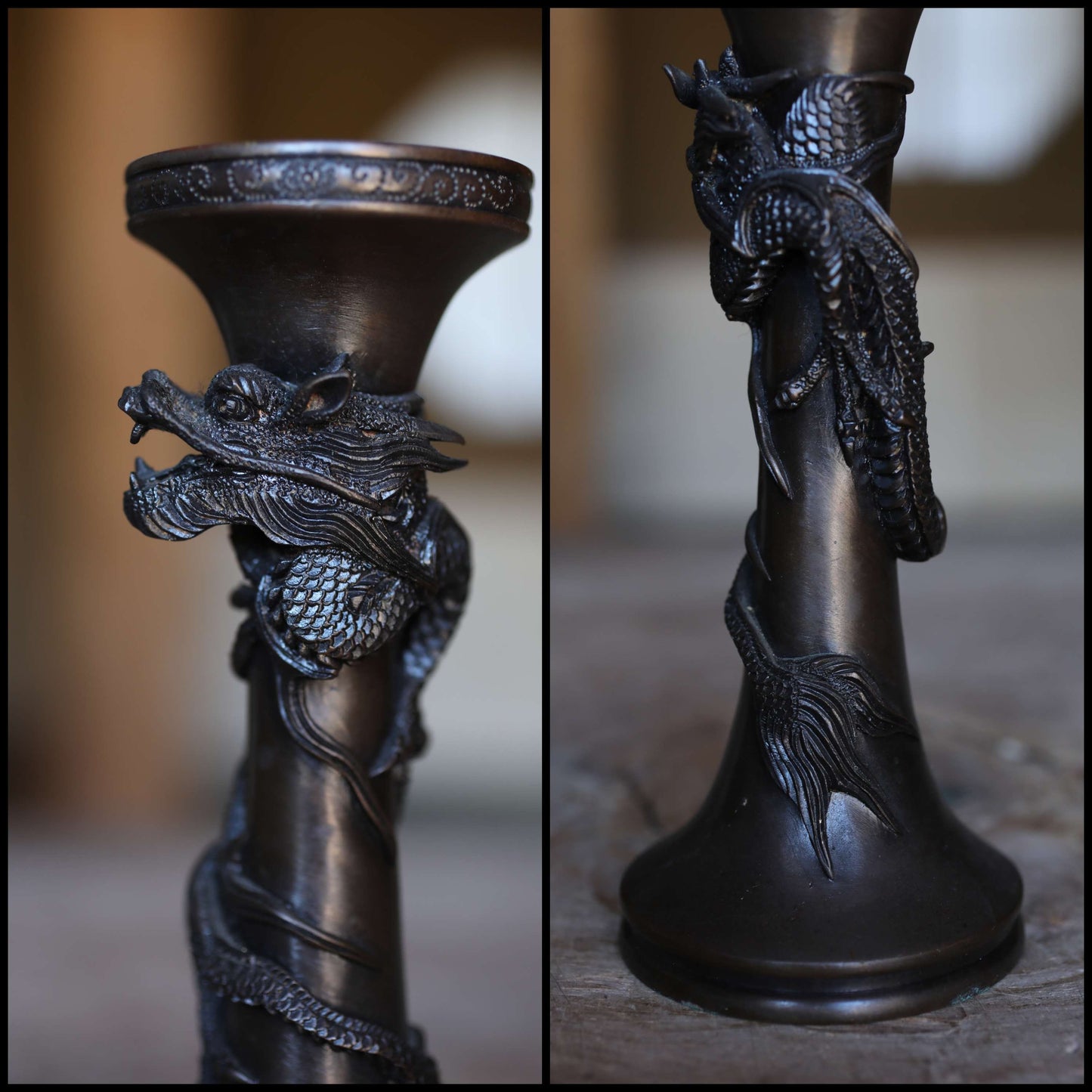 FINE! Pair of Japanese antique Dragon Bronze candlestick candle stand with Dragon Surrounding Design Buddhist alter 1900s H7.71in/H19.5cm