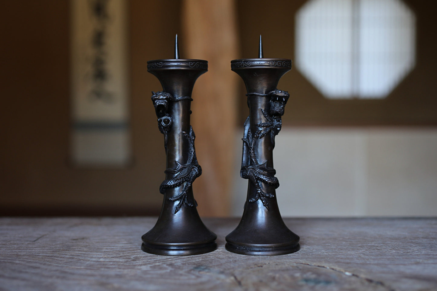 FINE! Pair of Japanese antique Dragon Bronze candlestick candle stand with Dragon Surrounding Design Buddhist alter 1900s H7.71in/H19.5cm