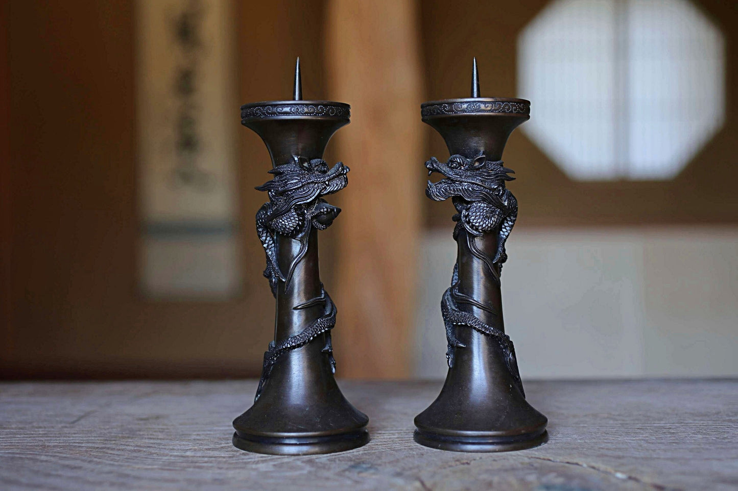 FINE! Pair of Japanese antique Dragon Bronze candlestick candle stand with Dragon Surrounding Design Buddhist alter 1900s H7.71in/H19.5cm