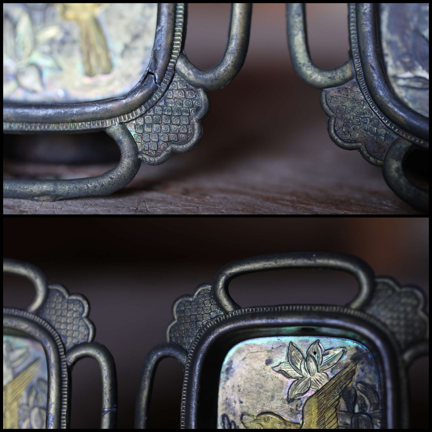 Set of 4 Japanese vintage metal furniture FUSUMA sliding door handles bird and flower openwork HIKITE 1930s H3.6in/H9.2cm