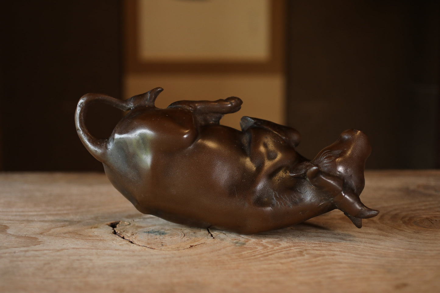 Japanese vintage bronze cow ornament figurine, cast iron, animal metal art doll H4.9×W12×D5.5in/H12.5×30.5×14cm