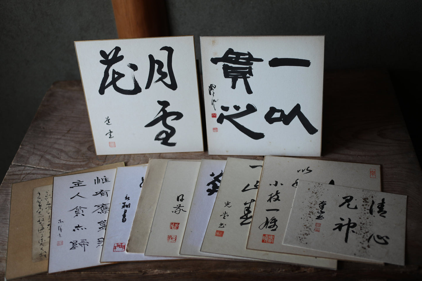 Japanese vintage set of 11 twelve hand paint Japanese calligraphy Flowers, Moon, snow etc"Shikishi" H8.3-13×W9.4in/H21-33×W24cm