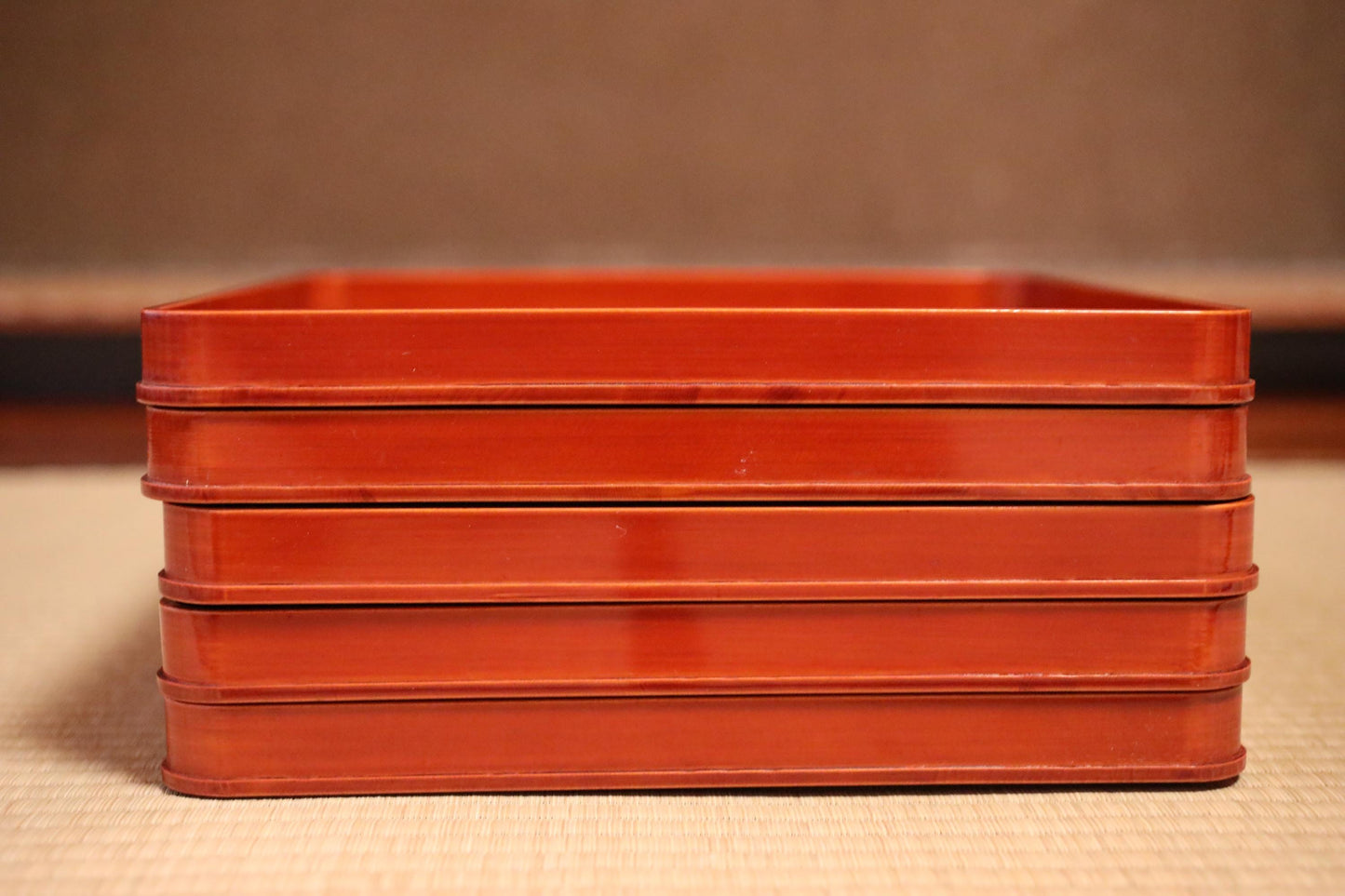 Set of 5 Japanese Vintage Lacquer tray "obon" wooden reddish brown Shunkei Lacquer for tea ceremony H1.1 x W13in/3.3 x 33cm