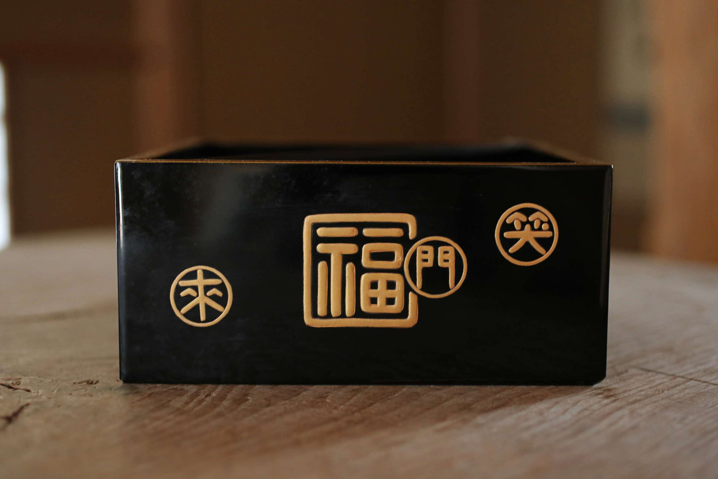 Japanese antiques black and gold Lacquer sweets canister chopsticks set with Kanji design, Japanese container H3.2×7.1in/H8.2×18cm