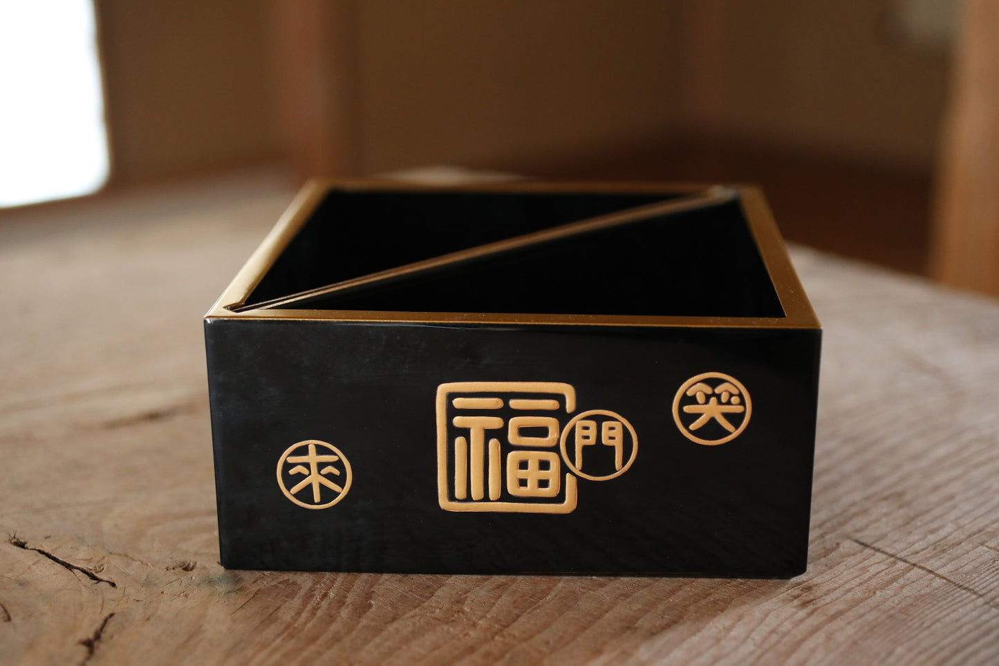 Japanese antiques black and gold Lacquer sweets canister chopsticks set with Kanji design, Japanese container H3.2×7.1in/H8.2×18cm