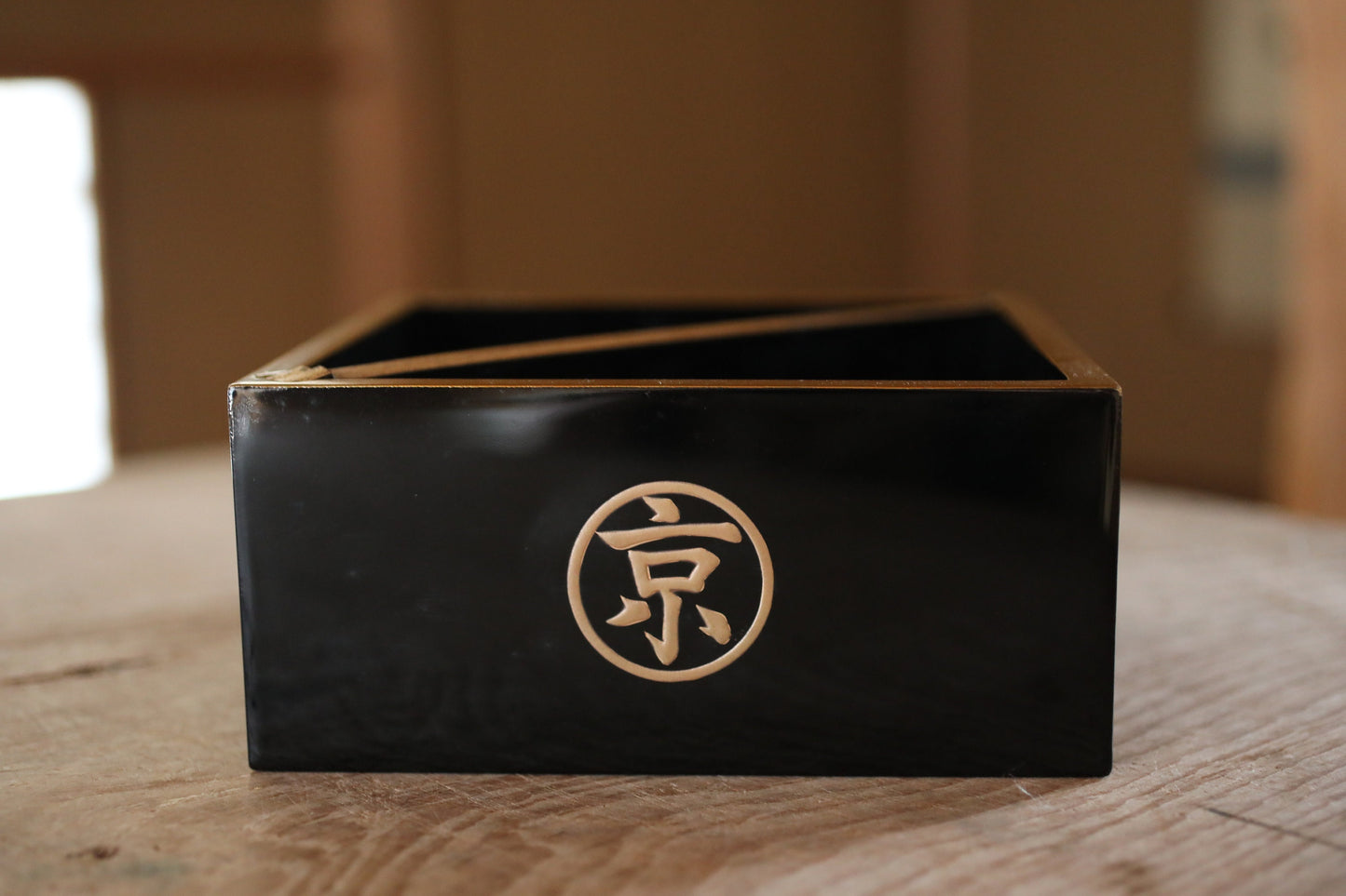 Japanese antiques black and gold Lacquer sweets canister chopsticks set with Kanji design, Japanese container H3.2×7.1in/H8.2×18cm