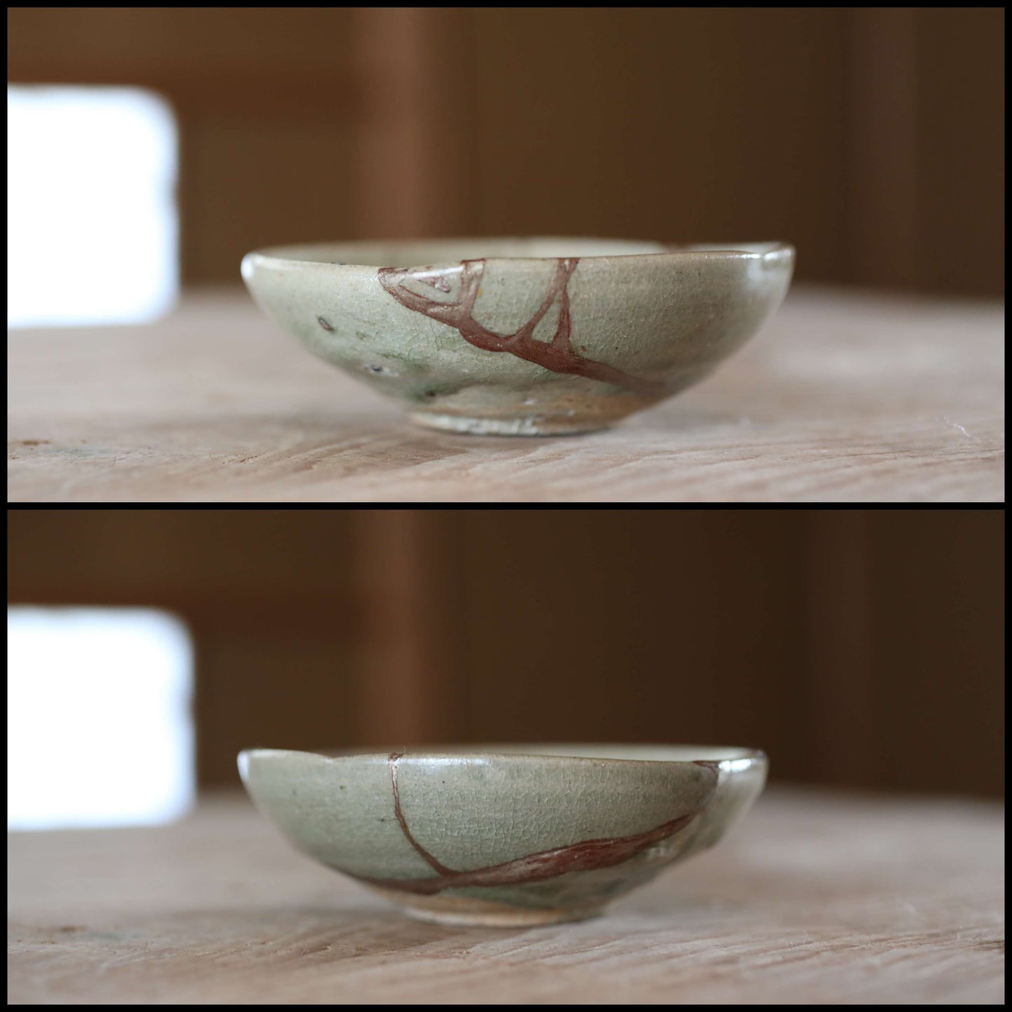 Japanese antique 17th century Momoyama seto porcelain Yobitsugi plate with kintsugi gold repair W4.3in/W11cm