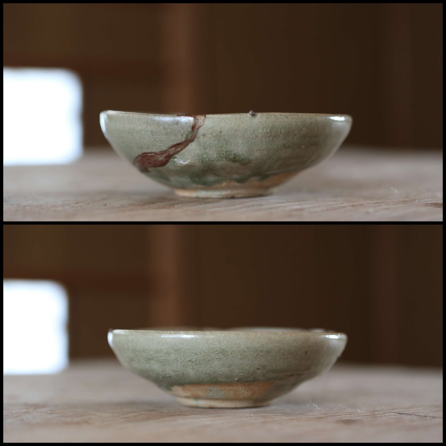 Japanese antique 17th century Momoyama seto porcelain Yobitsugi plate with kintsugi gold repair W4.3in/W11cm