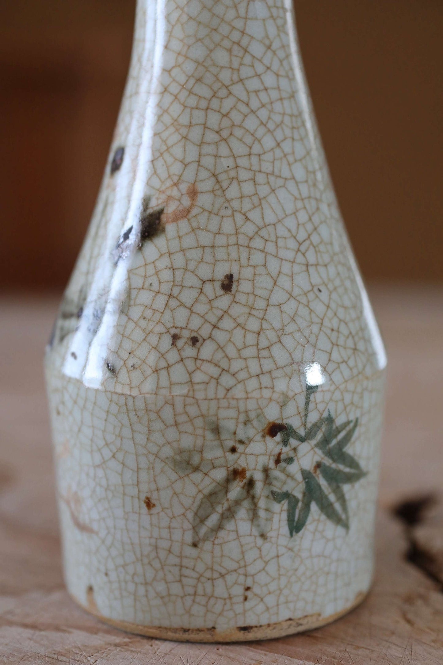 Japanese old ceramic small flower vase hand made INUYAMA ware with autumn leaves, single flower vase H6.7×2.8in/H16×7cm