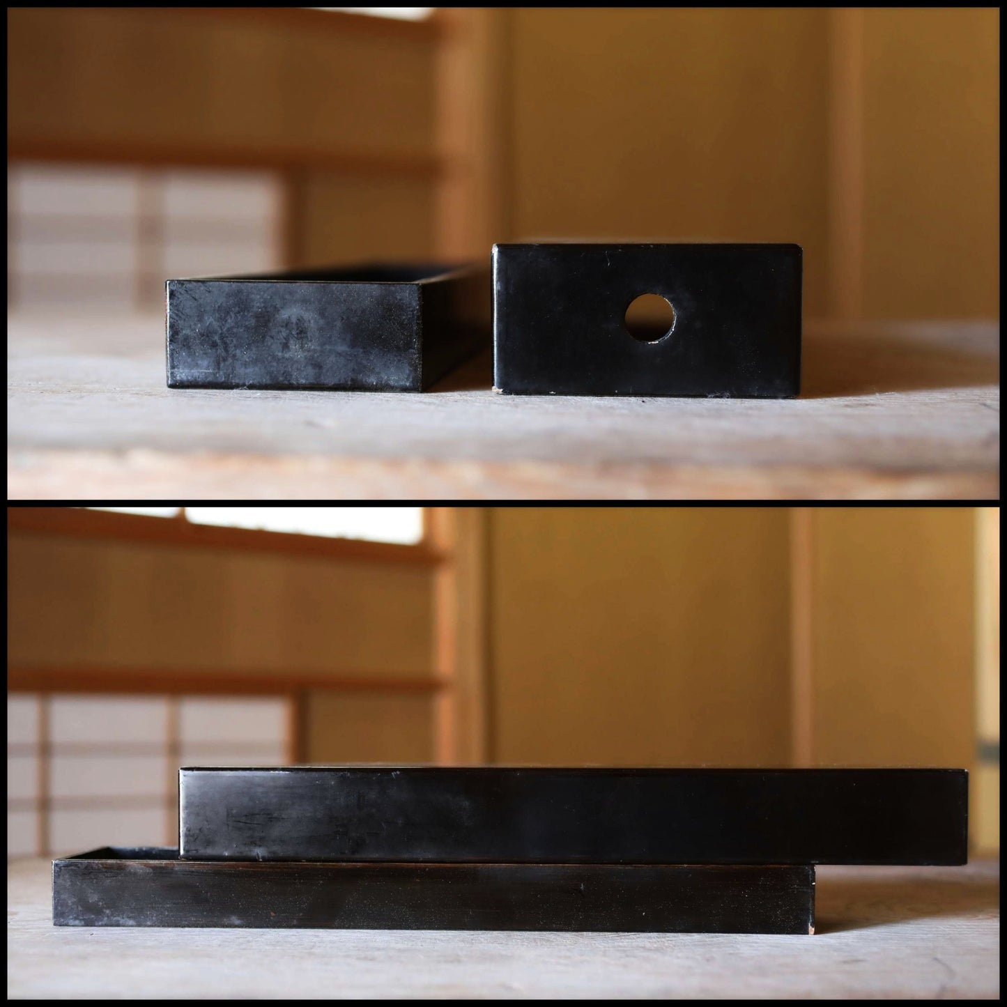 Japanese Antique 1800s Black Lacquered Box elongated shape Wood craft for GEISYA hairpin black with SAMURAI crest H16.5×W3.9in/H42×10cm