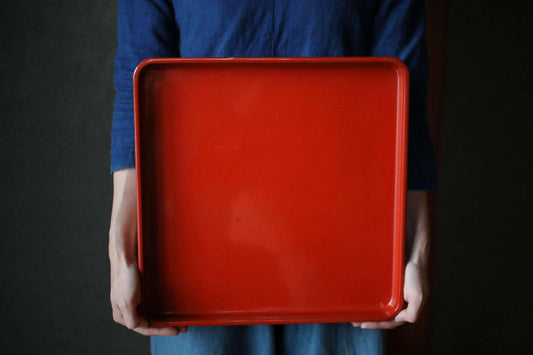 Japanese 1920s URUSHI lacquer square tray OBON red urushi wooden tableware Tea ceremony OZEN 14.4×14.4in/36.5×36.5cm